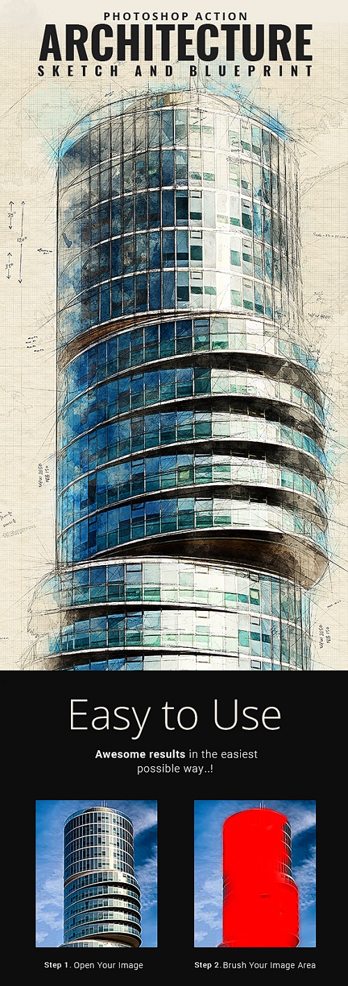 Architecture Sketch and Blueprint Photoshop Action - 21196237