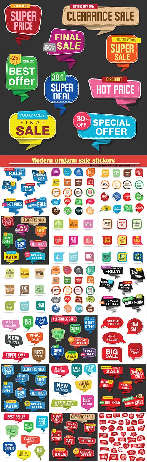 Modern origami sale stickers and vector tags colorful collection