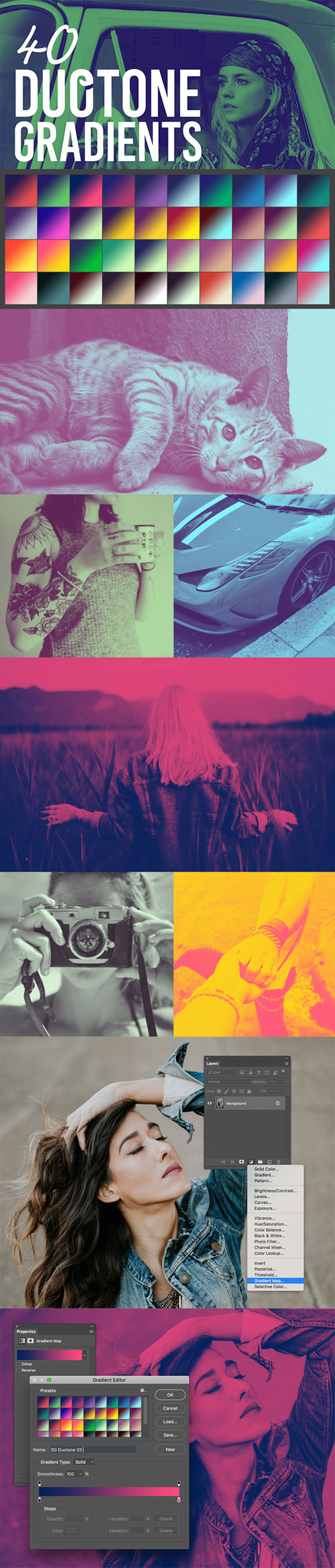 40 Duotone Gradient Presets for Photoshop (GRD)