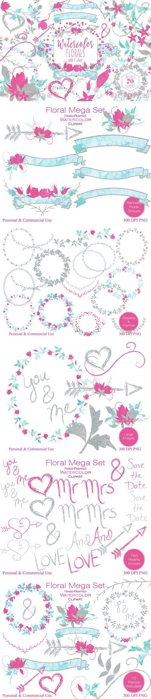 Pink & Silver Watercolor Floral Set 2176133