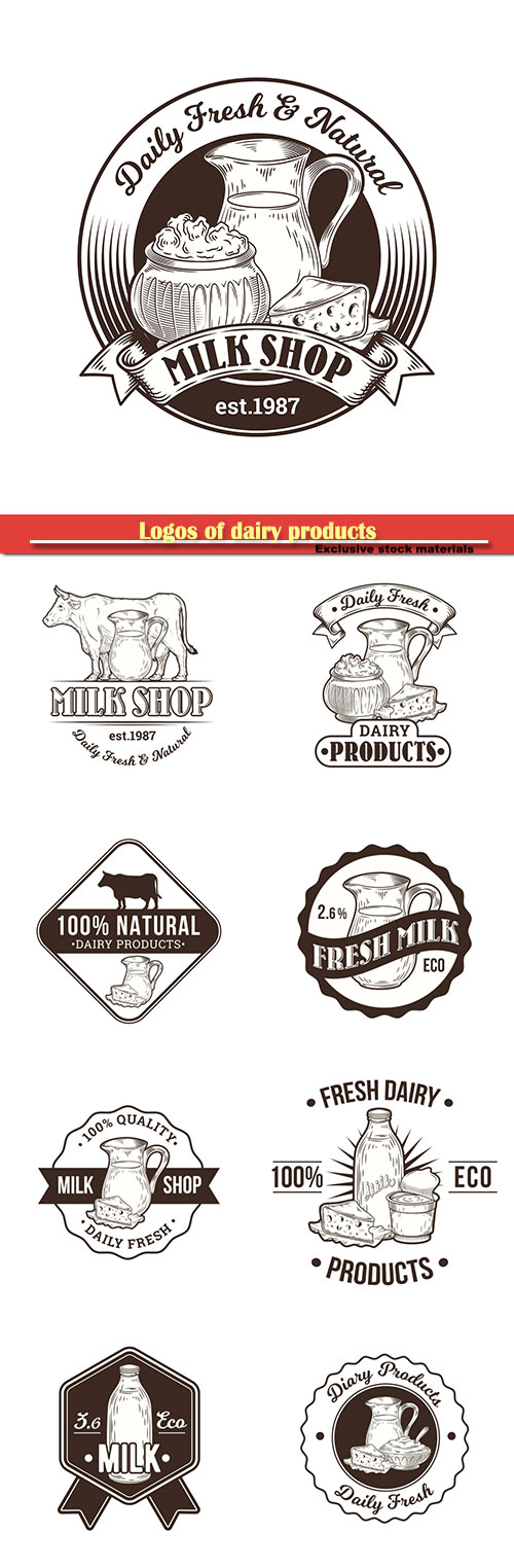 Logos of dairy products, fresh milk vector illustration