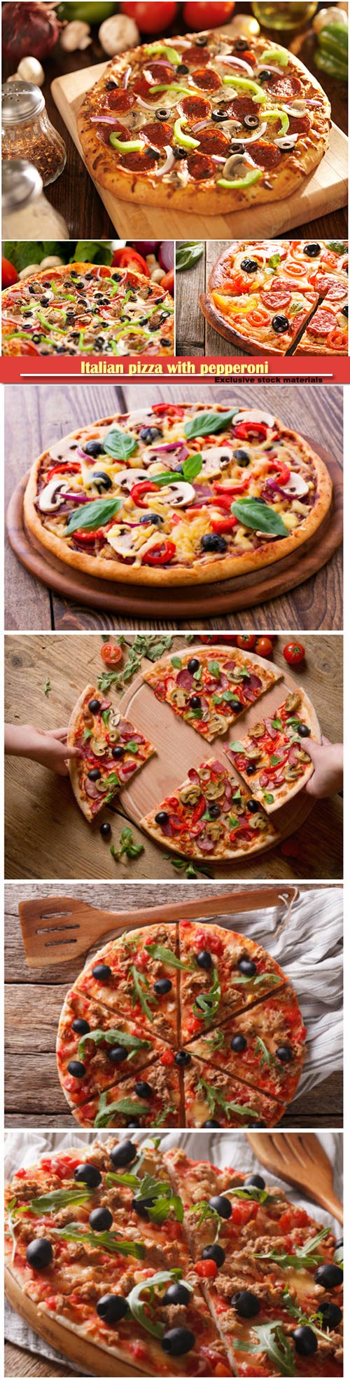 Italian pizza with pepperoni and toppings, pizza with seafood