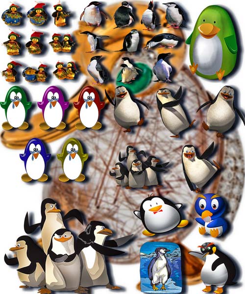 Клипарты для фотошопа на прозрачном фоне - Веселые пингвины