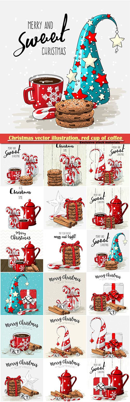 Christmas vector illustration, red cup of coffee with red ribbon, stack of  ...