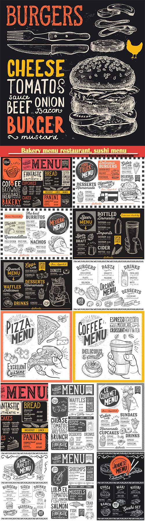 Bakery menu restaurant, sushi menu, burger, pizza poster, food vector templ ...