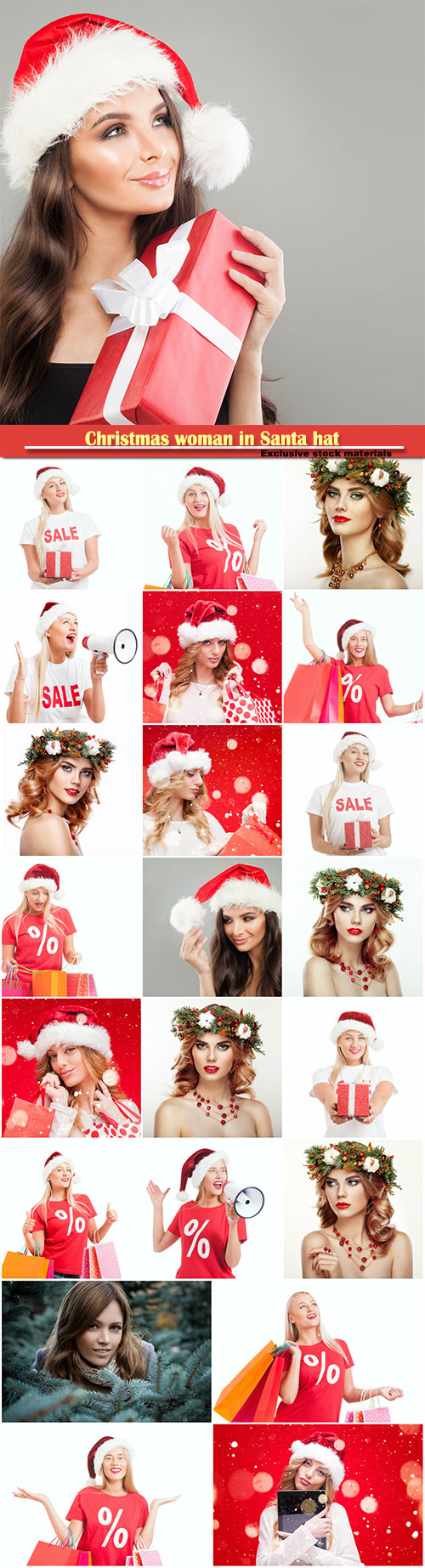 Christmas woman in Santa hat, woman with Christmas wreath