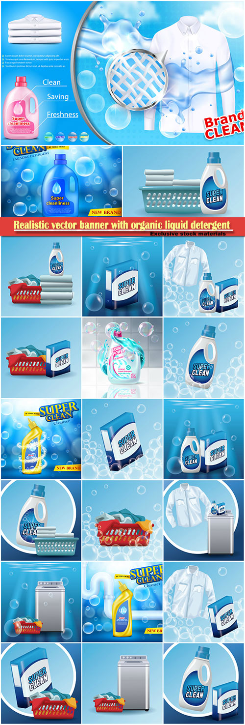 Realistic vector banner with organic liquid detergent with brand label, wit ...