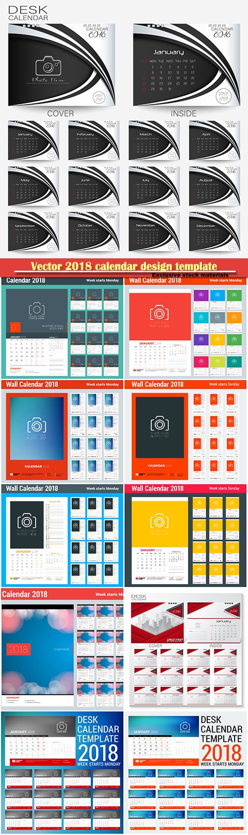 Vector 2018 calendar design template, place for photo