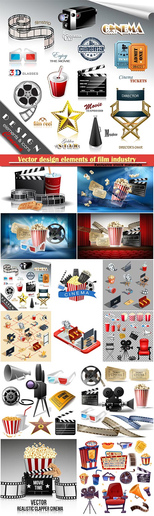 Vector design elements of film industry, popcorn, reel, tape, glasses, camc ...