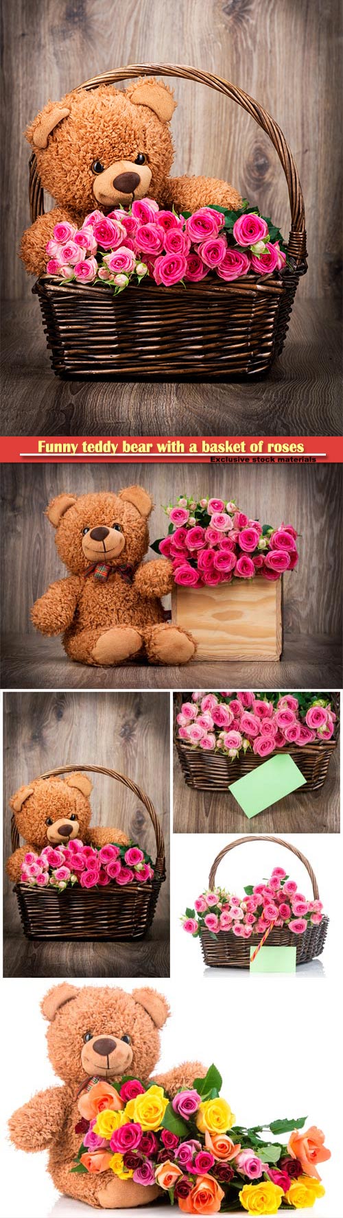 Funny teddy bear with a basket of roses
