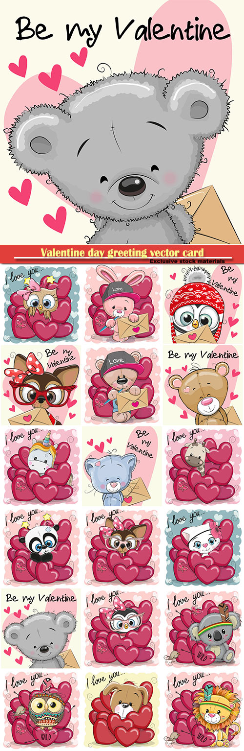 Valentine day greeting vector card, hearts i love you, funny animals # 20