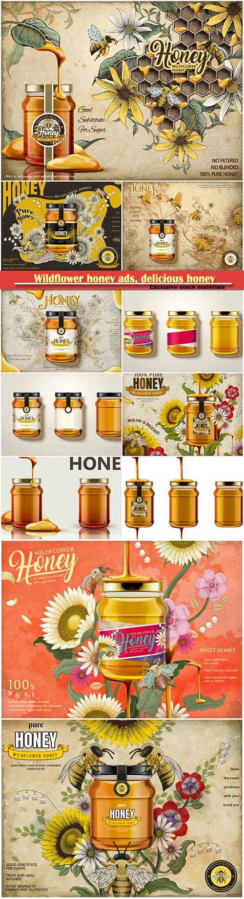 Wildflower honey ads, delicious honey dripping from top with glass jar in 3 ...