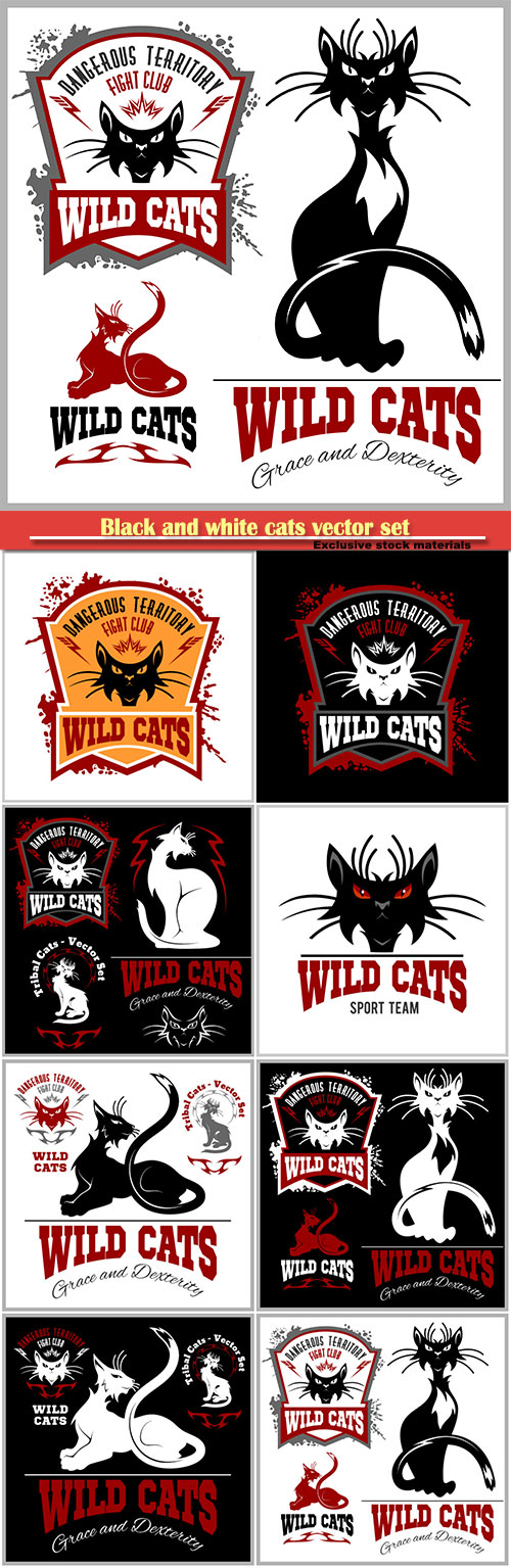 Black and white cats vector set, logo and tattoo vector illustration