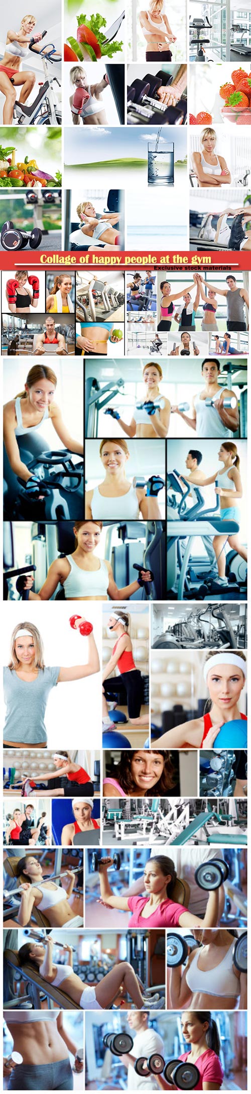Collage of happy people at the gym working out